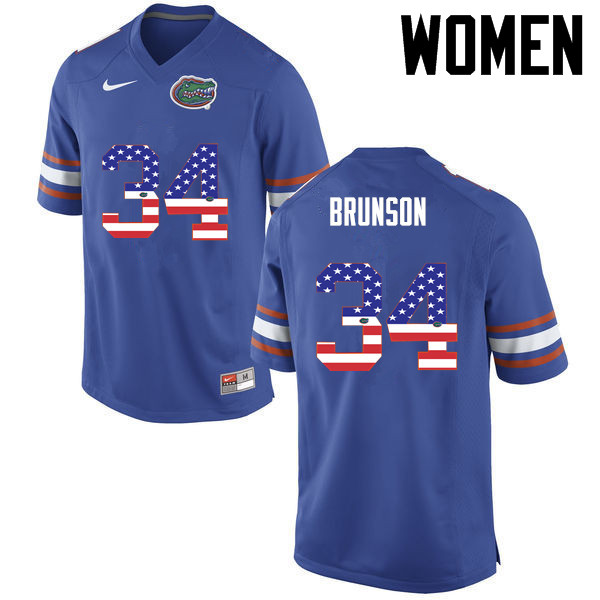 Women Florida Gators #34 Lacedrick Brunson College Football USA Flag Fashion Jerseys-Blue